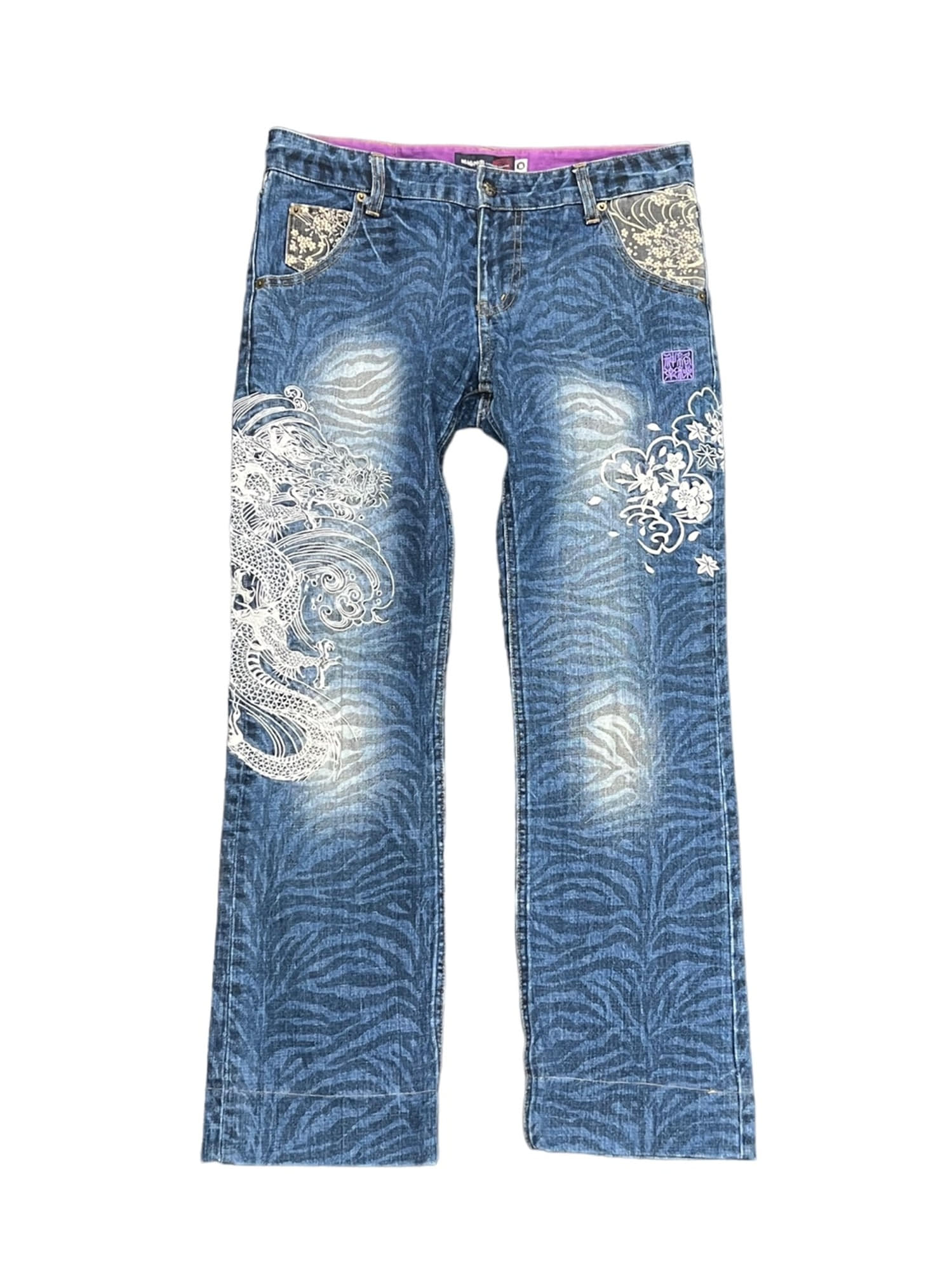 KARAKURI TAMASHII 絡繰魂 Orienatal Leopard Base Pattern Dragon Embroidery Jeans