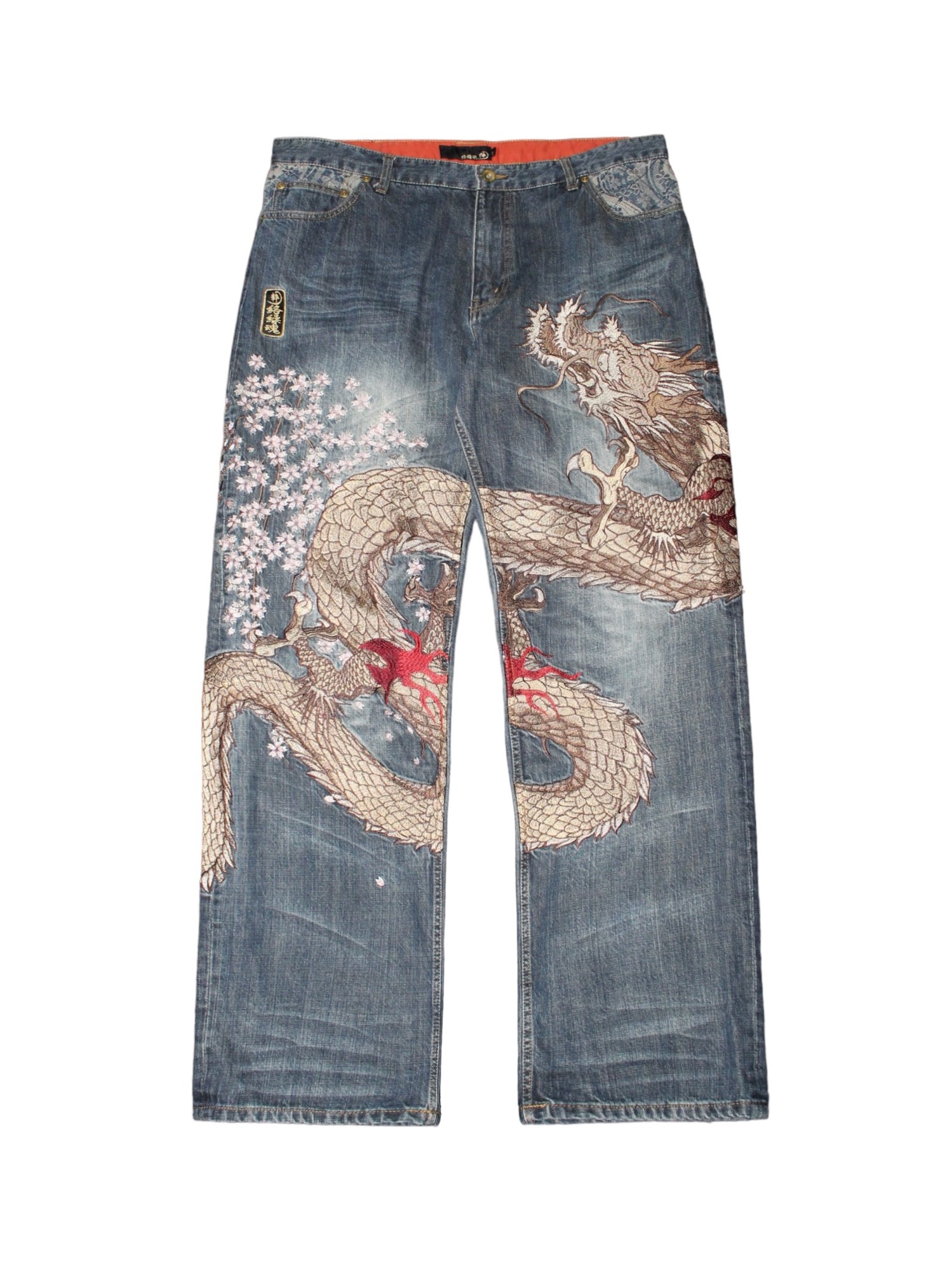 KARAKURI TAMASHII 絡繰魂 Oriental Sakura x Flame x Dragon Full Embroidery Wide Denim Pants - 40