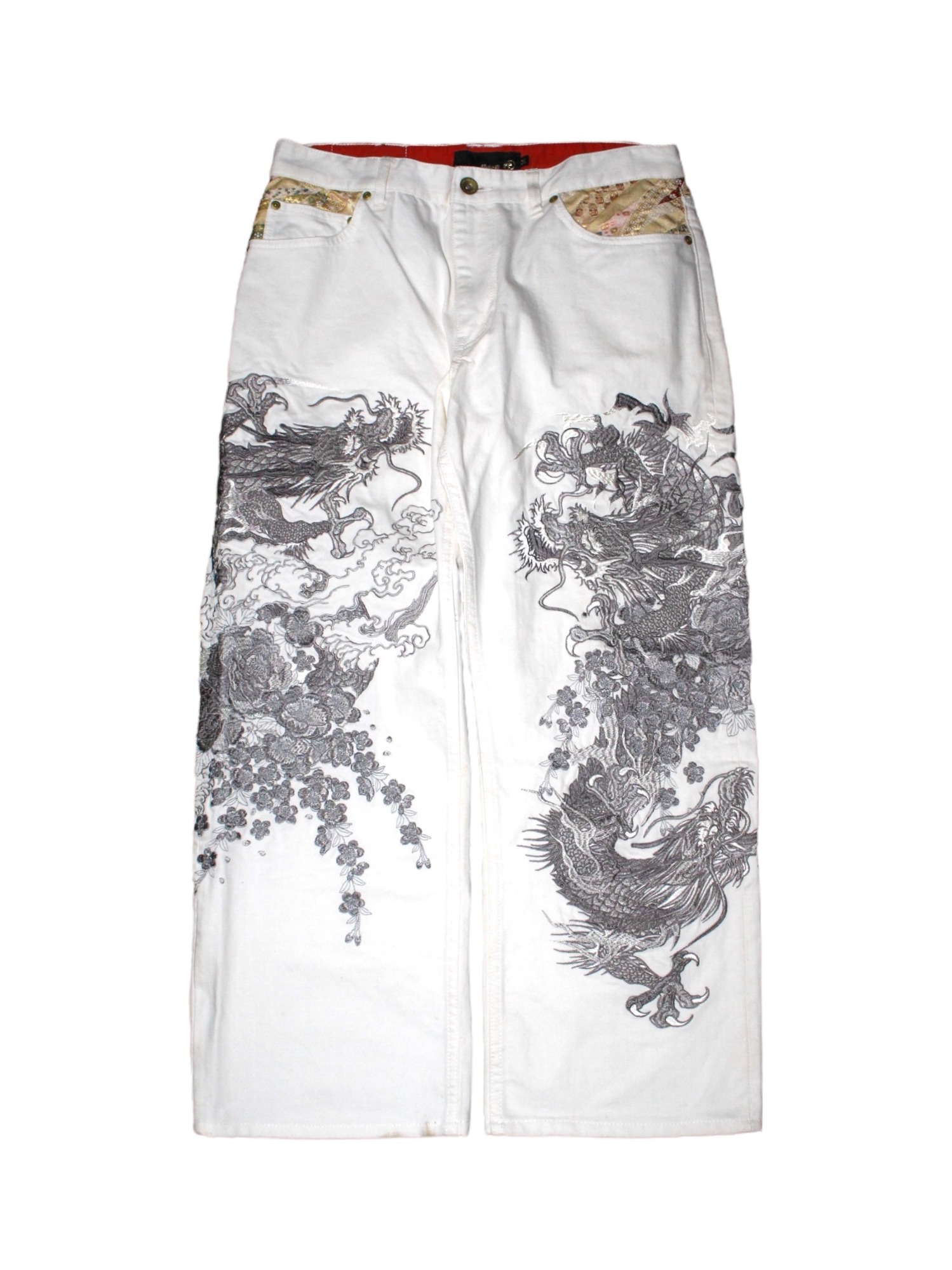 KARAKURI TAMASHII 絡繰魂 Oriental Double Dragon Embroidery White Denim Pants