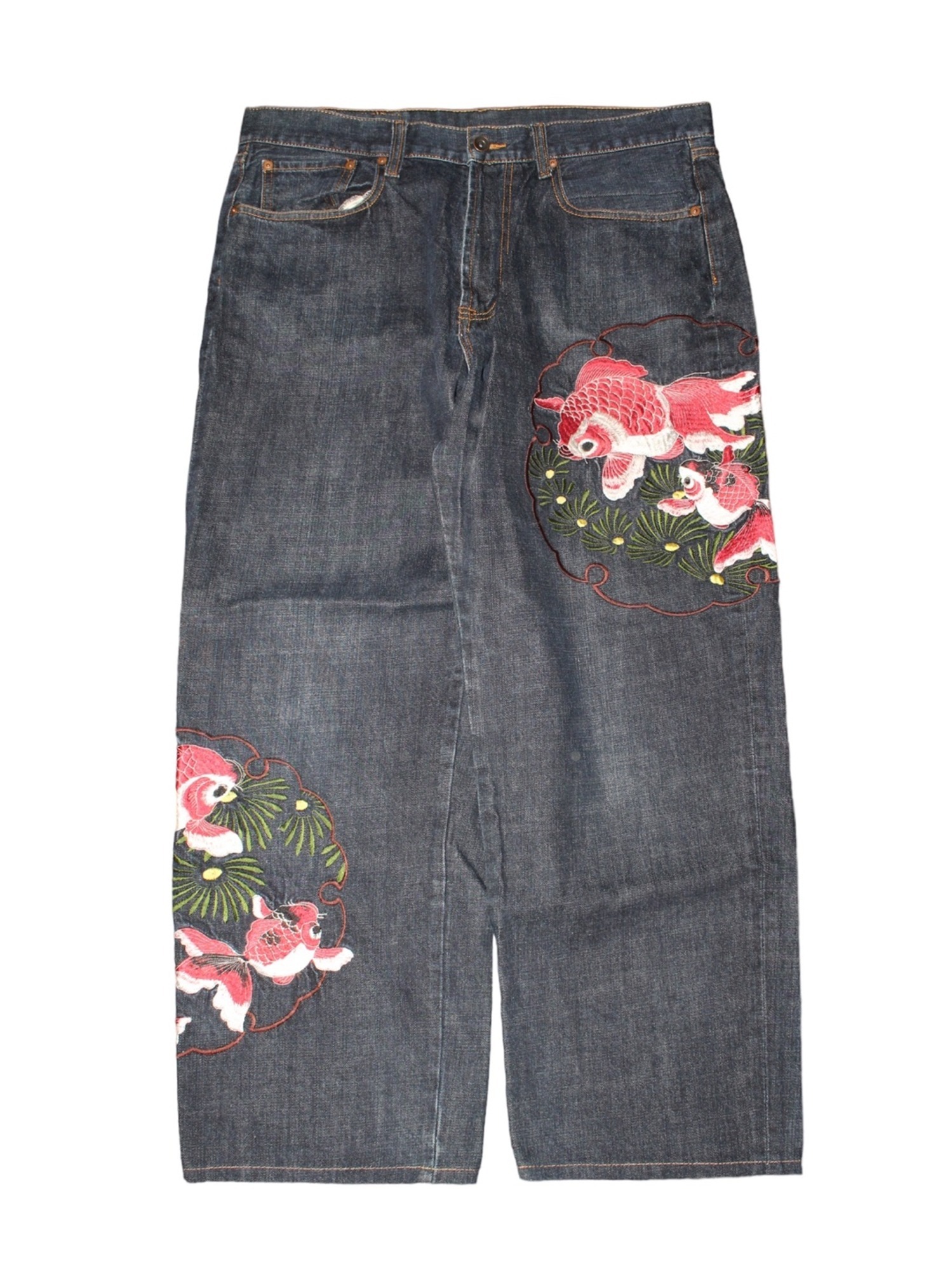 Script 花旅楽団 Red Fish Embroidery Denim Pants
