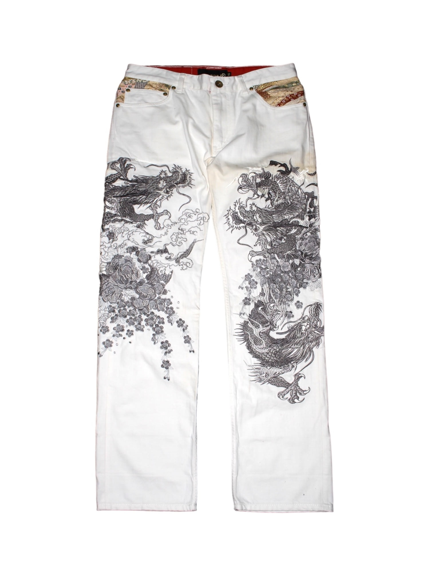 KARAKURI TAMASHII 絡繰魂 &quot; 粋 &quot; Oriental Double Dragon Embroidery White Denim Pants 30